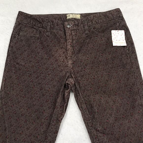 NWT FREE PEOPLE Corduroy Jean Women 34x31 Brown Ditsy Rose Floral Print Slim - Picture 3 of 16